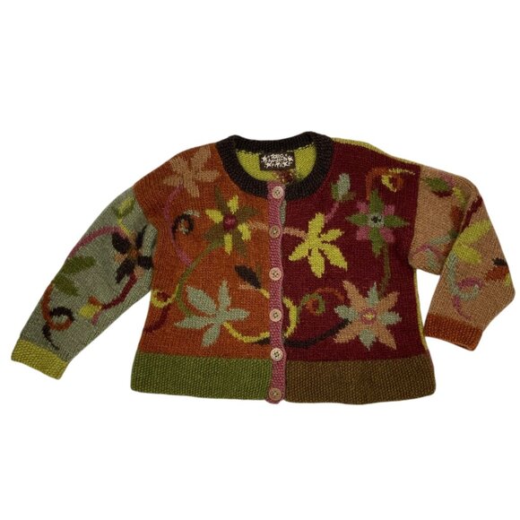 Tara Handknits Handspun Wool Cardigan Sweater L Floral Chunky Button Up Hippie - Picture 13 of 13